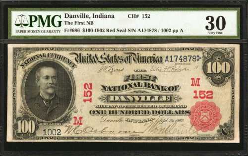 Danville, Indiana. $100 1902 Red Seal. Fr. 686. The First NB. Charter #152. PMG Very Fine 30.