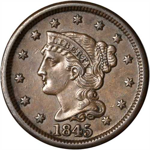 1845 Braided Hair Cent. N-8. Rarity-1. EF-45.