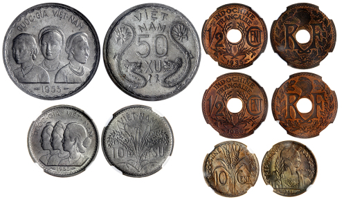 法属安南/越南辅币5枚一组，包括法属安南35及36年半分，1941S 10分，越南53年10u及50xu，评NGC MS63至MS66