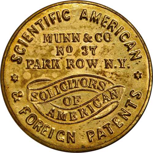New York, New York. 1868 Munn & Co. / Scientific American. Bowers NY-6882. Gilt brass. 34 mm. Choice