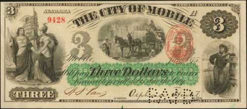 Mobile, Alabama. City of Mobile. June 1875. $3. Choice Uncirculated.