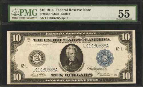 Fr. 951c. 1914 $10 Federal Reserve Note. San Francisco. PMG About Uncirculated 55.