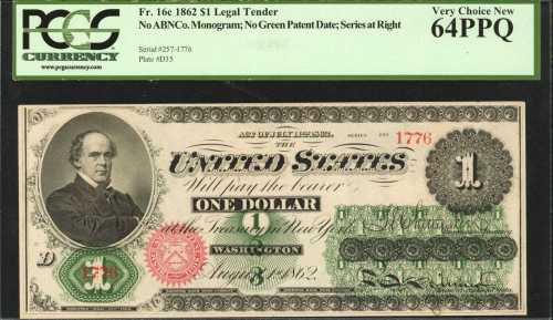 Fr. 16c. 1862 $1 Legal Tender Note. No. 1776. Plate D. No ABNCo Monogram. No Green Patent. Series at