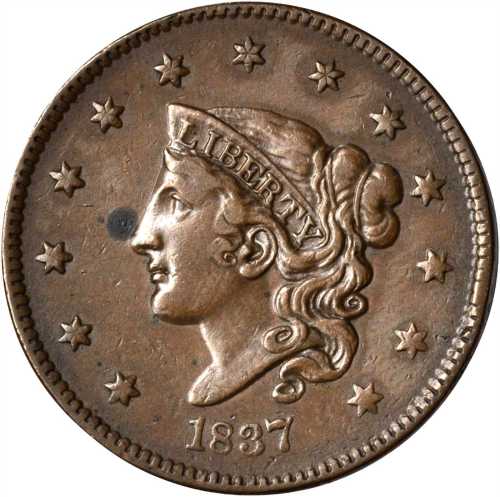1837 Modified Matron Head Cent. N-16. Rarity-3. Plain Cord, Medium Letters. EF-40 Obverse Spot.