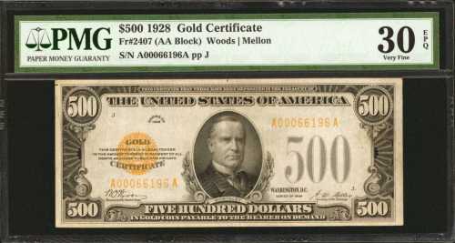 Fr. 2407. 1928 $500 Gold Certificate. PMG Very Fine 30 EPQ.