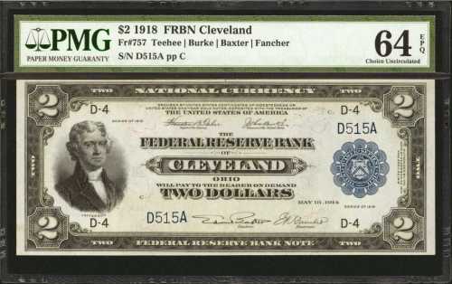 Fr. 757. 1918 $2 Federal Reserve Bank Note. Cleveland. PMG Choice Uncirculated 64 EPQ.