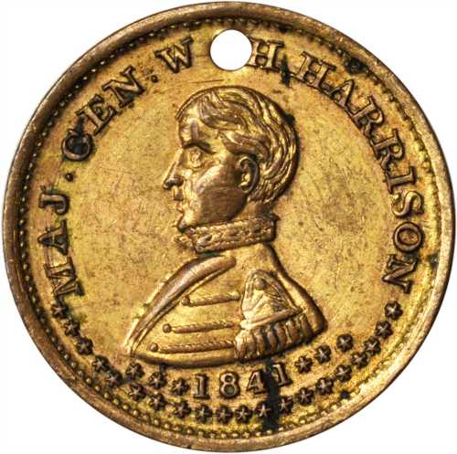 1840 William Henry Harrison. DeWitt-WHH 1840-28. Gilt Brass. 25.6 mm. Choice Extremely Fine, pierced