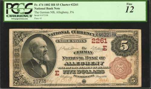 Allegheny, Pennsylvania. $5 1882 Brown Back. Fr. 474. The German NB. Charter #2261. PCGS Fine 12.