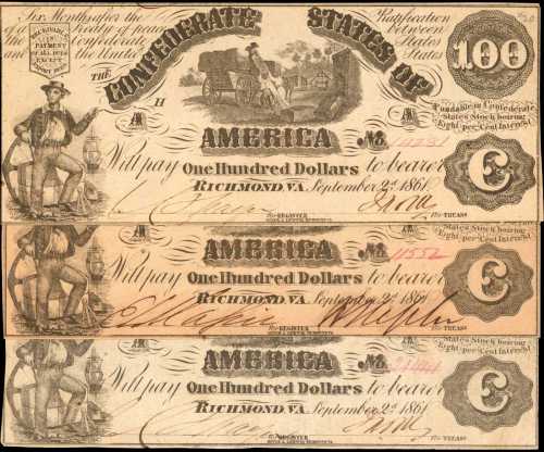 T-13. Confederate Currency. 1861 $100. Lot of (3). Very Fine to About Uncirculated.