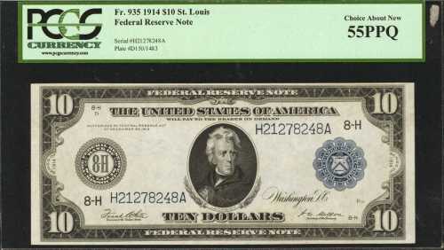 Fr. 935. 1914 $10 Federal Reserve Note. St. Louis. PCGS Choice About New 55 PPQ.