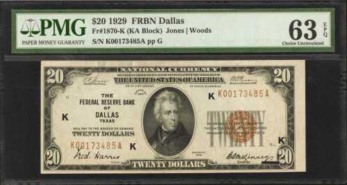 Fr. 1870-K. 1929 $20 Federal Reserve Bank Note. Dallas. PMG Choice Uncirculated 63 EPQ.