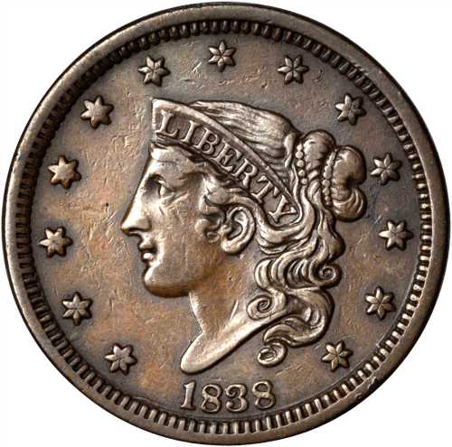 1838 Modified Matron Head Cent. N-4. Rarity-2. VF-30.