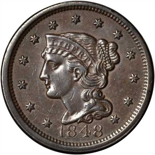 1848 Braided Hair Cent. N-29. Rarity-3. AU-50.