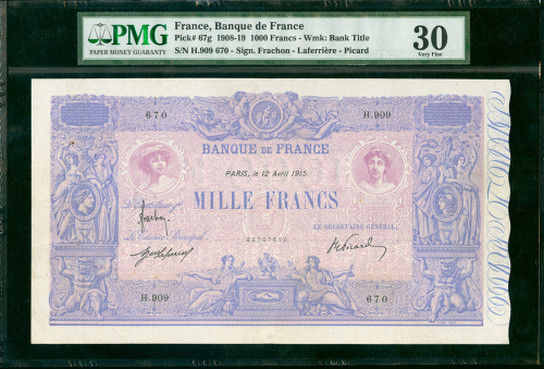 1915年法国1000法郎，编号H.909 670， PMG30，早期的大型钞票，少见