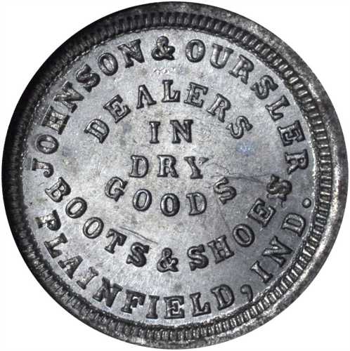 Indiana--Plainfield. 1864 Johnson & Oursler. Fuld-700A-4i. Rarity-8. Tin-Plated. 19 mm. MS-64 (NGC).