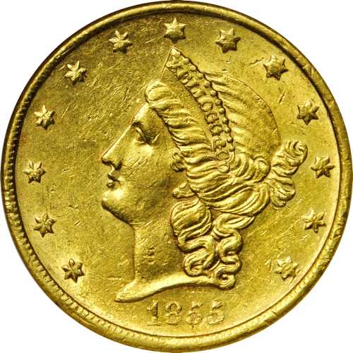 1855 Kellogg & Co. $20. K-3b. Rarity-5. Short Arrows. MS-60 (NGC).