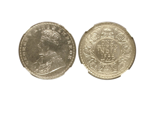 1922(B)年英属印度1卢比银币，NGC MS63