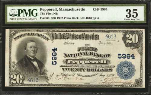 Pepperell, Massachusetts. $20 1902 Plain Back. Fr. 660. The First NB. Charter #5964. PMG Choice Very