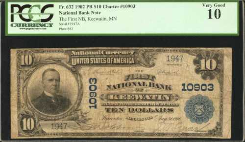 Keewatin, Minnesota. $10 1902 Plain Back. Fr. 632. The First NB. Charter #10903. PCGS Very Good 10.