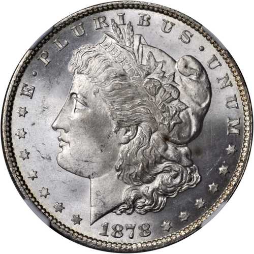 1878 Morgan Silver Dollar. 7 Tailfeathers. Reverse of 1879. MS-64 (NGC).