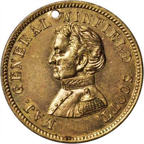 1852 Winfield Scott. DeWitt-WS 1852-13. Brass. 25.8 mm. Mint State, and nearly choice but for a bit 