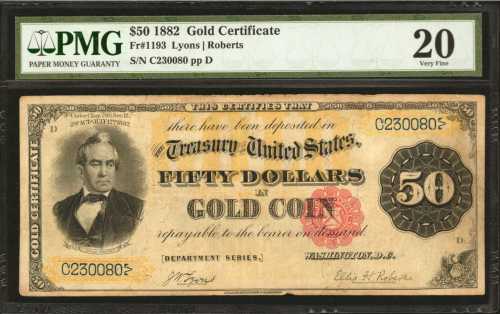 Fr. 1193. 1882 $50 Gold Certificate. PMG Very Fine 20.