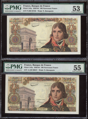 法国银行100法郎2枚一组，1961年编号A.129 66947及1962年编号P.190 58759， 分别评PMG55及PMG53
