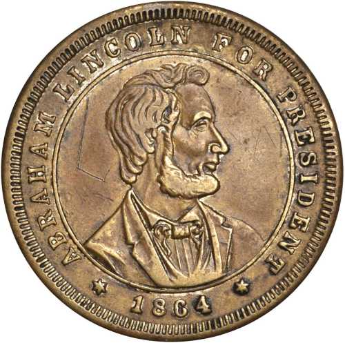 1864 Abraham Lincoln. DeWitt-AL 1864-10. Brass. 30.4 mm. Extremely Fine, but with graffiti in the ob