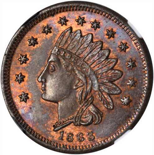 1863 Indian Head / Eagle. Fuld-70/281 a. Rarity-6. Copper. 19 mm. MS-65 BN (NGC).