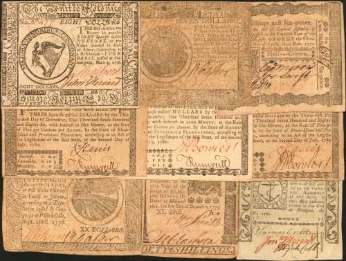 Colonial & Continental Currency. Collection of (9) Notes with Notable Signers. Fine to About Uncircu