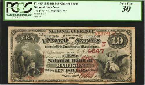Madison, Maine. $10 1882 Brown Back. Fr. 485. The First NB. Charter #4647. PCGS Very Fine 30.