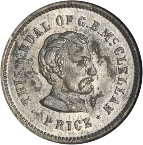 Undated (1864) George B. McClellan / One Cent. Fuld-143/261 e. Rarity-9. White Metal. 19 mm. MS-63 (