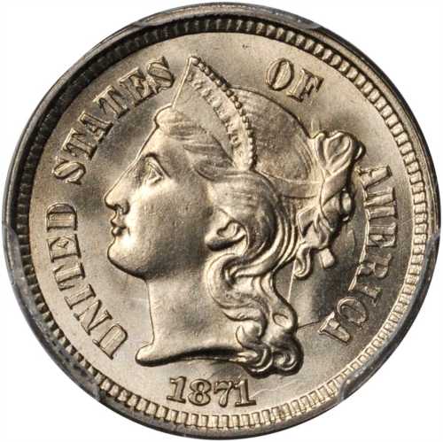 1871 Nickel Three-Cent Piece. MS-66+ (PCGS).