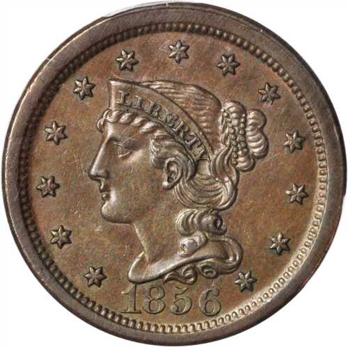 1856 Braided Hair Cent. N-12. Rarity-1. Upright 5. AU-55 (PCGS).