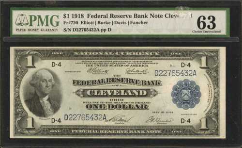 Fr. 720. 1918 $1 Federal Reserve Bank Note. Cleveland. PMG Choice Uncirculated 63.