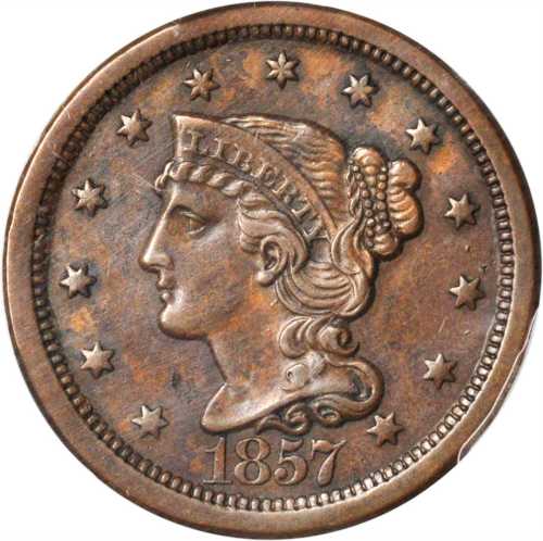 1857 Braided Hair Cent. N-1. Rarity-1. Large Date. Misplaced Date. AU Details--Environmental Damage 