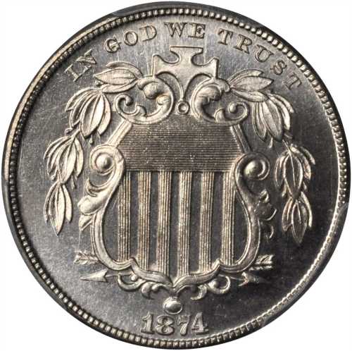 1874 Shield Nickel. Proof-66 (PCGS). CAC.