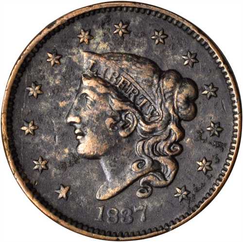 1837 Modified Matron Head Cent. N-15. Rarity-3. Plain Cord, Medium Letters. VF-30 Environmental Dama