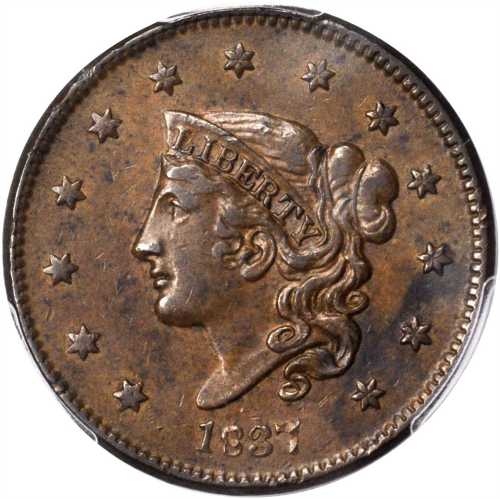 1837 Modified Matron Head Cent. N-3. Rarity-1. Plain Cords, Medium Letters. AU-55 (PCGS).