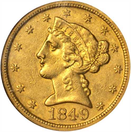 1849-D Liberty Head Half Eagle. AU-55 (NGC).