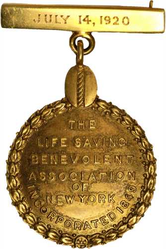 1920 Life Saving Benevolent Association of New York Award Medal. Gold. 26 mm x 40 mm. 17.2 grams. 14