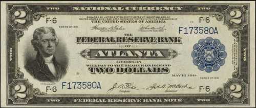 Fr. 762 (W-415-F). 1918 $2 Federal Reserve Bank Note. Atlanta. PCGS Superb Gem New 67 PPQ.