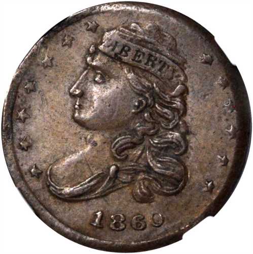 1860 Capped Bust / Copper Mine Token. Fuld-520/521 a. Rarity-7- as a Bronzed Proof. Copper. 19 mm. M