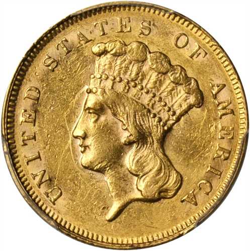 1863 Three-Dollar Gold Piece. AU-55 (PCGS).