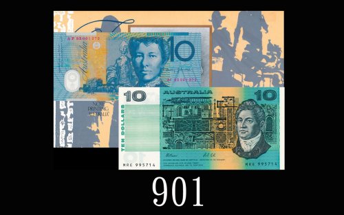 澳洲10元纸钞及塑钞一套两枚(1966、1993)，原封套。未使用1966 & 1993 Australia $10 paper & polymer notes, ND, s/ns MRE995714