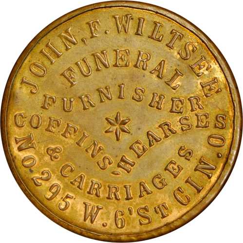 Ohio, Cincinnati. 1868 John F. Wiltsee. Bowers OH-1520. Gilt brass. 34 mm. About Uncirculated.