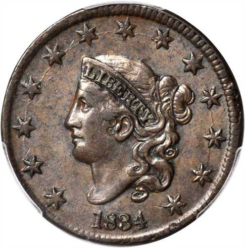 1834 Matron Head Cent. N-1. Rarity-1. Small 8, Large Stars, Medium Letters. AU-50 (PCGS).