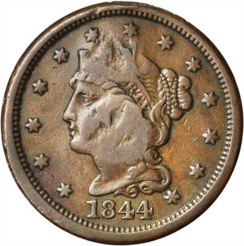 1844 Braided Hair Cent. N-3. Rarity-2. Repunched Date. Fine-12 Counterstamped.