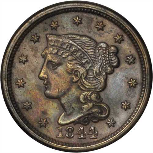 Lot of (5) 1844 Braided Hair Cents.