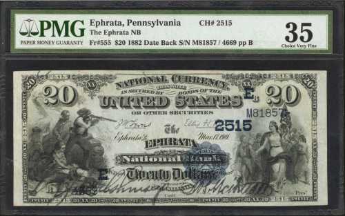 Ephrata, Pennsylvania. $20 1882 Date Back. Fr. 555. The Ephrata NB. Charter #2515. PMG Choice Very F